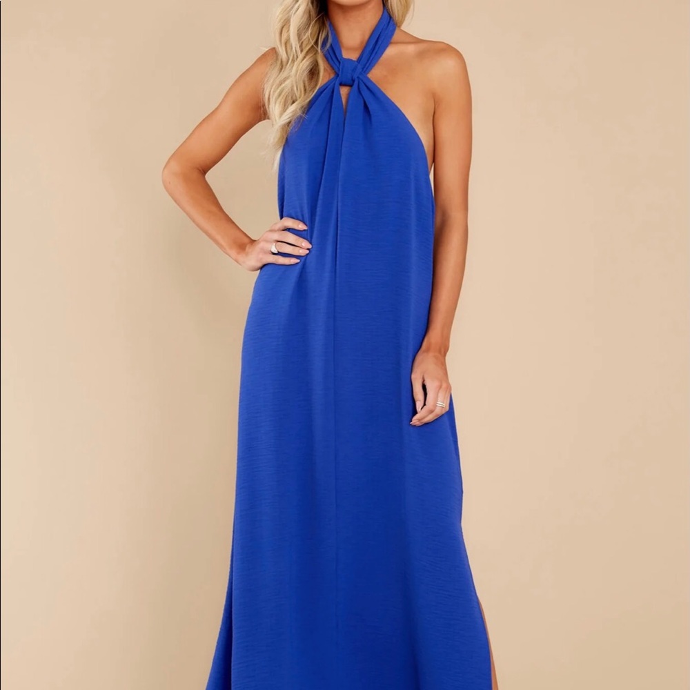 Royal blue halter maxi dress, size medium